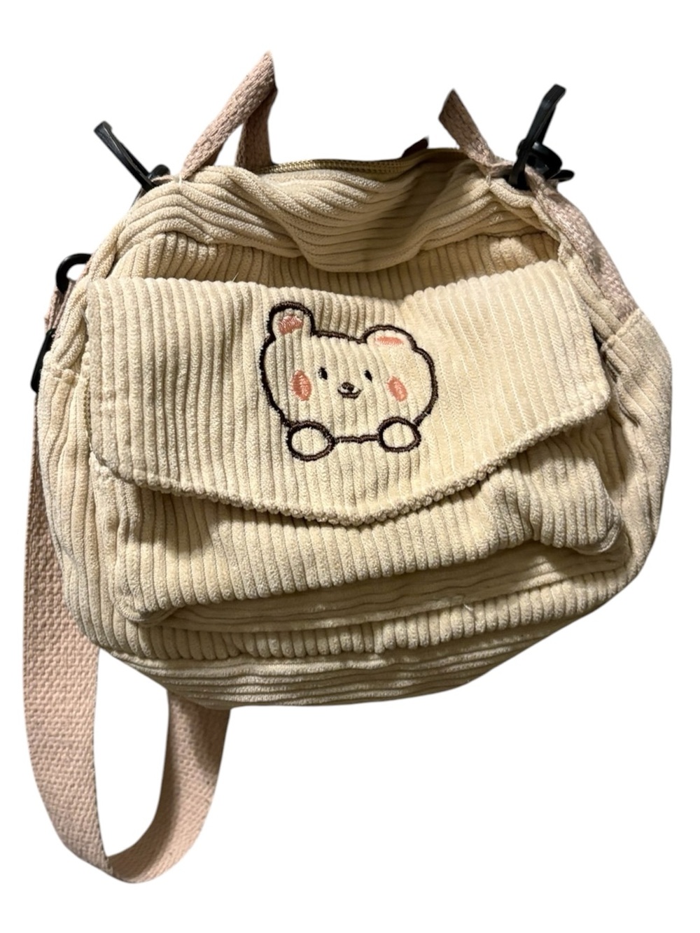 Amazon Cream Corduroy Crossbody Bag with Pink Strap